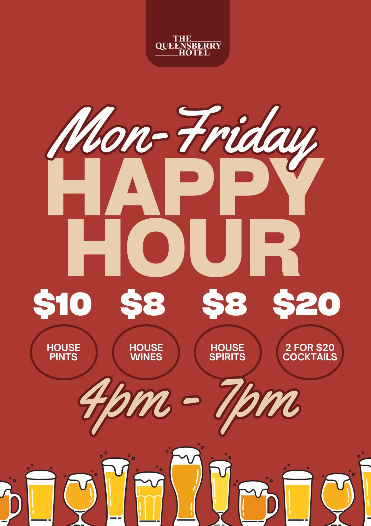 Promotional poster for Mon-Fri Happy Hour at The Queensberry Hotel featuring drink specials from 4 pm to 7 pm.