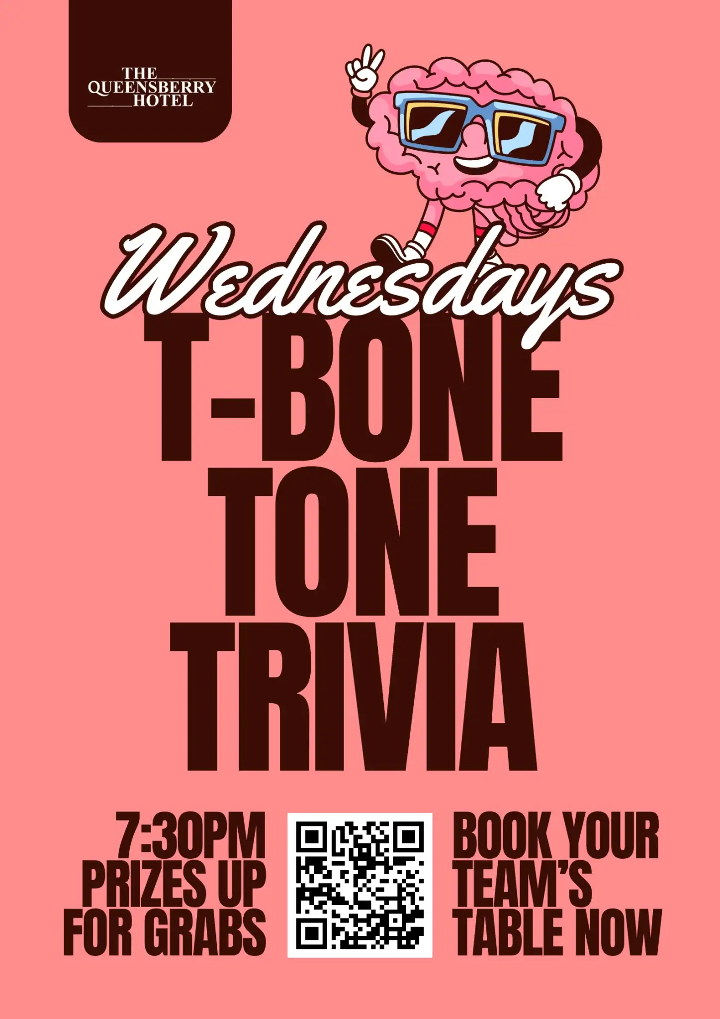 Trivia night poster for Wednesdays at The Queensberry Hotel featuring T-Bone Tone