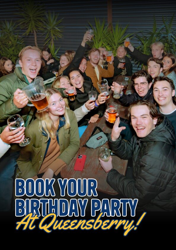 Group of young adults celebrating a birthday party with drinks at Queensberry pub